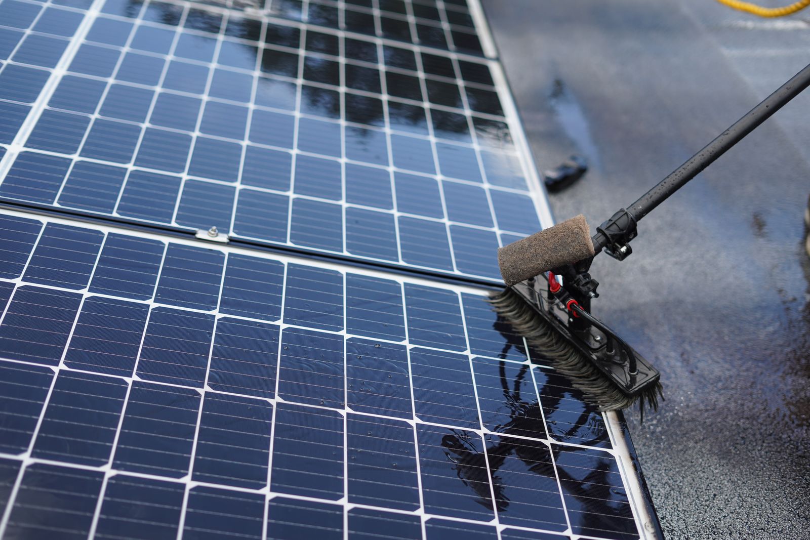 Solarmodule werden mit einer Wasserbürste gereinigt